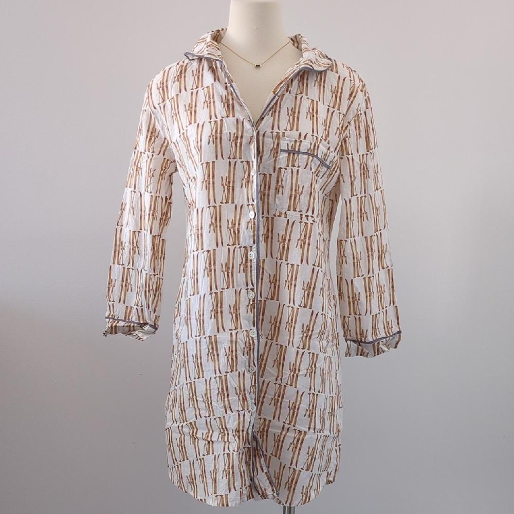 Women's White and Brown Pajama Shirt With Ski Print, Breast Pocket